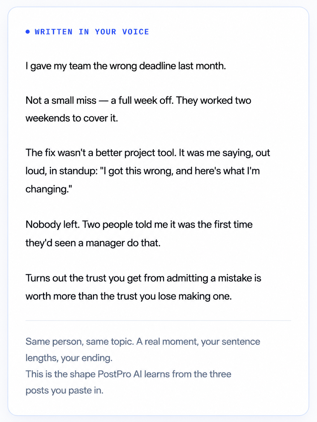 PostPro AI — The output — same person, same topic, written in their own voice.